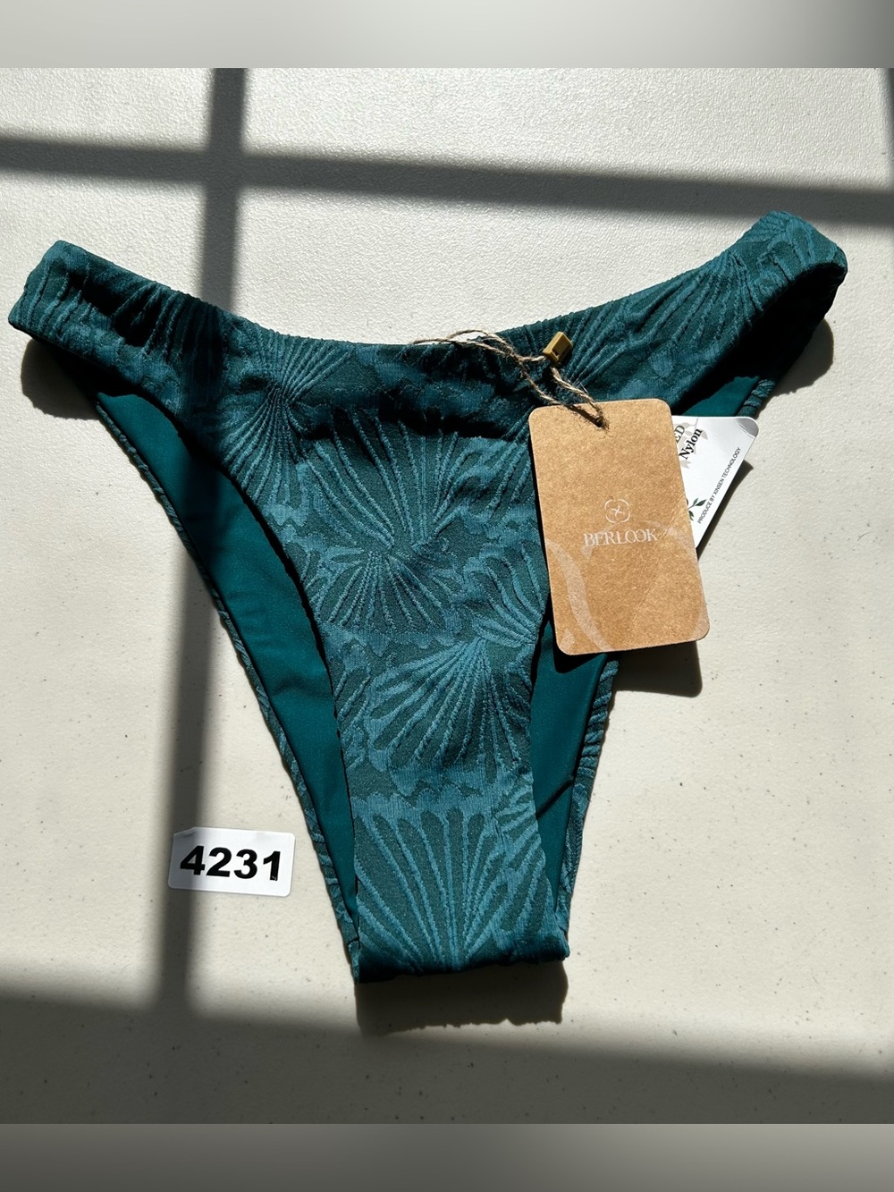 BERLOOK Bikini Bottom XS Dark Green Jacquard Textured Floral Lined